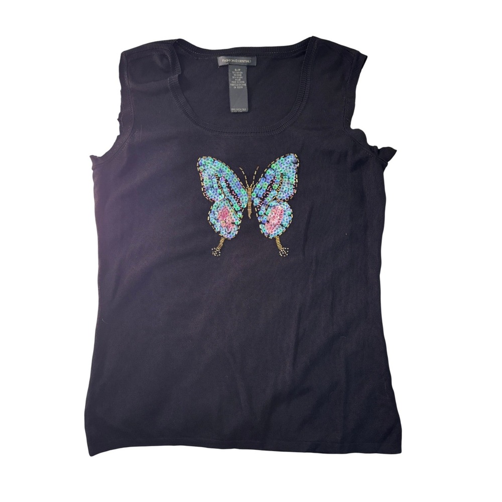 Y2K Fashion Essentials Black Sequin Butterfly Knit Tank Top Women Small SY2K